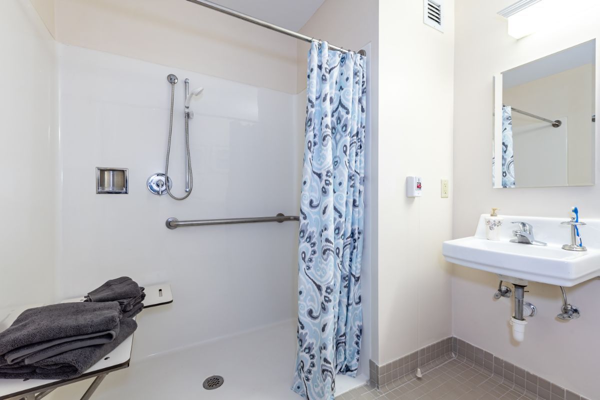 A bathroom featuring a handicap accessible shower with a grab bar and a floral curtain.