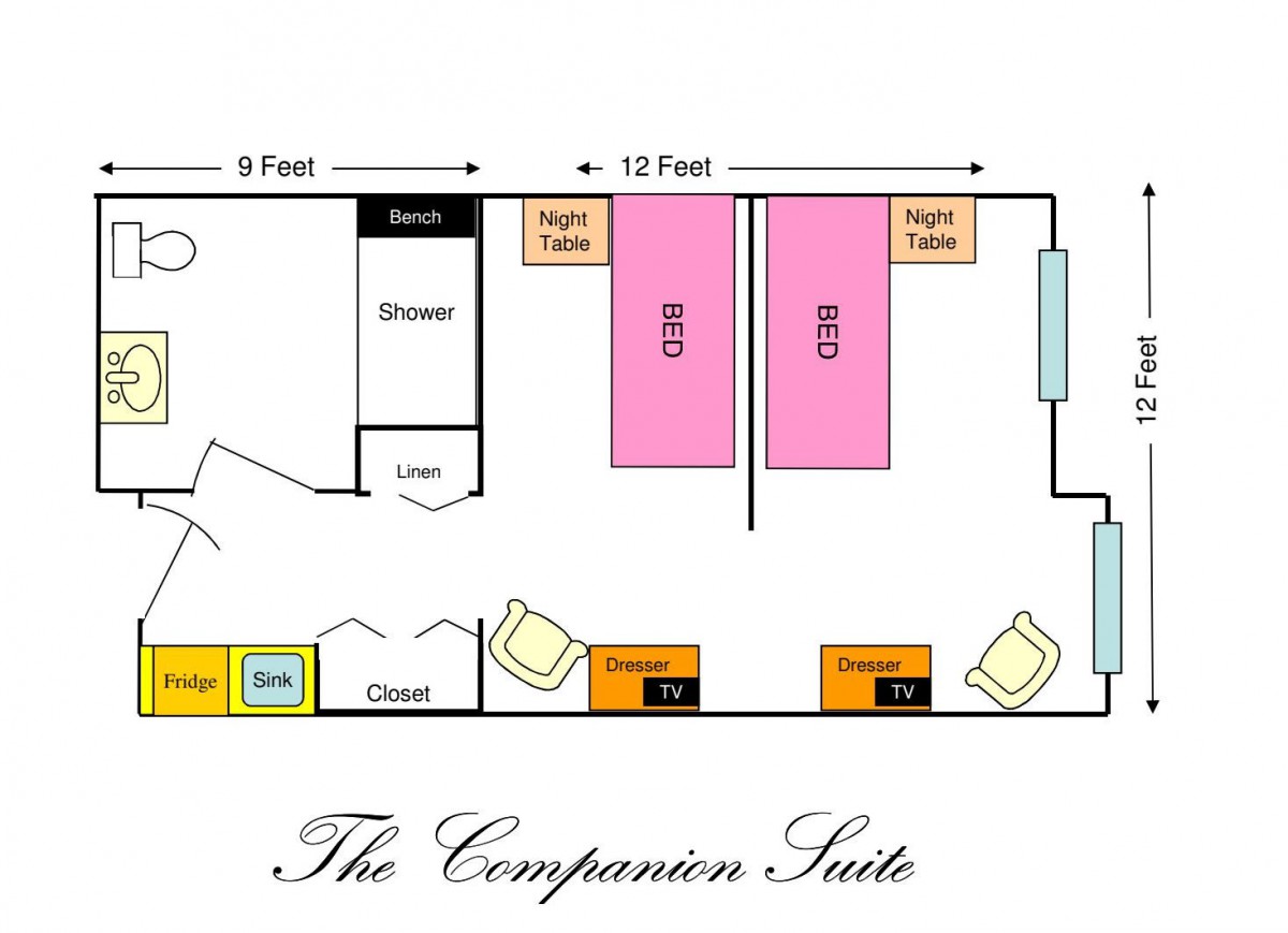 Floor plan of The Companion Suite, featuring bedroom and bathroom layout.