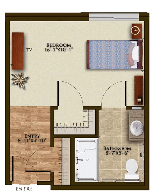A detailed floor plan of a compact apartment with a bedroom, bathroom, and entryway.