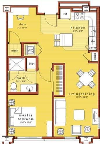A floor plan of an apartment showing the layout of rooms including a master bedroom, living/dining area, kitchen, bath, and deck.