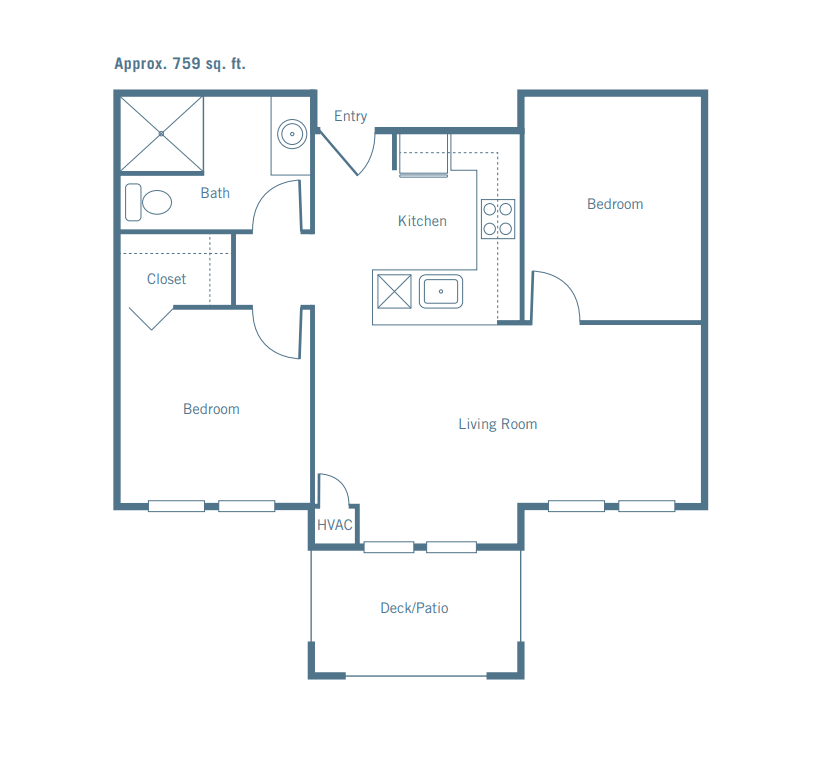 Floor plan of a two-bedroom apartment with a kitchen, bathroom, living room, and balcony.