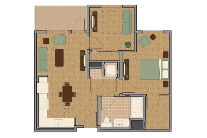 A floor plan showing the layout of an apartment with labeled rooms and furniture placement.
