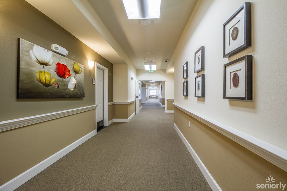 A well-lit hallway featuring framed artwork and decorative elements.