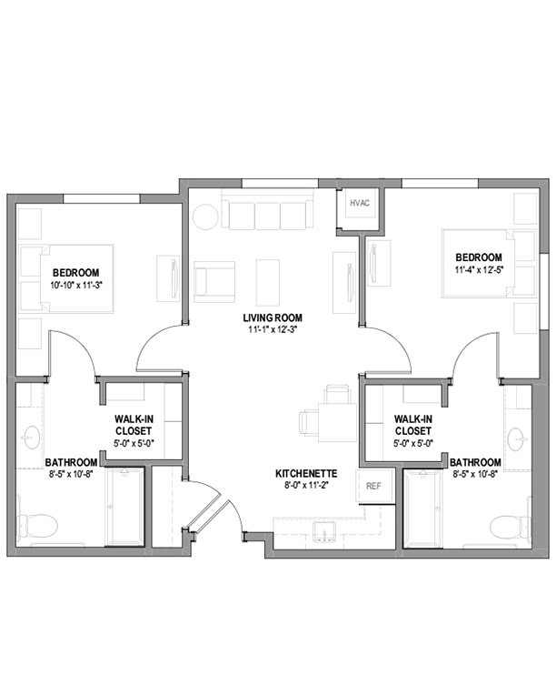 A detailed floor plan of a two-bedroom apartment featuring a living room, kitchen, and bathrooms.