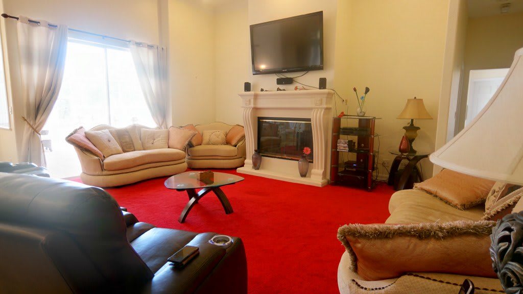A cozy living room featuring a red carpet, sofas, a fireplace, and a wall-mounted television.