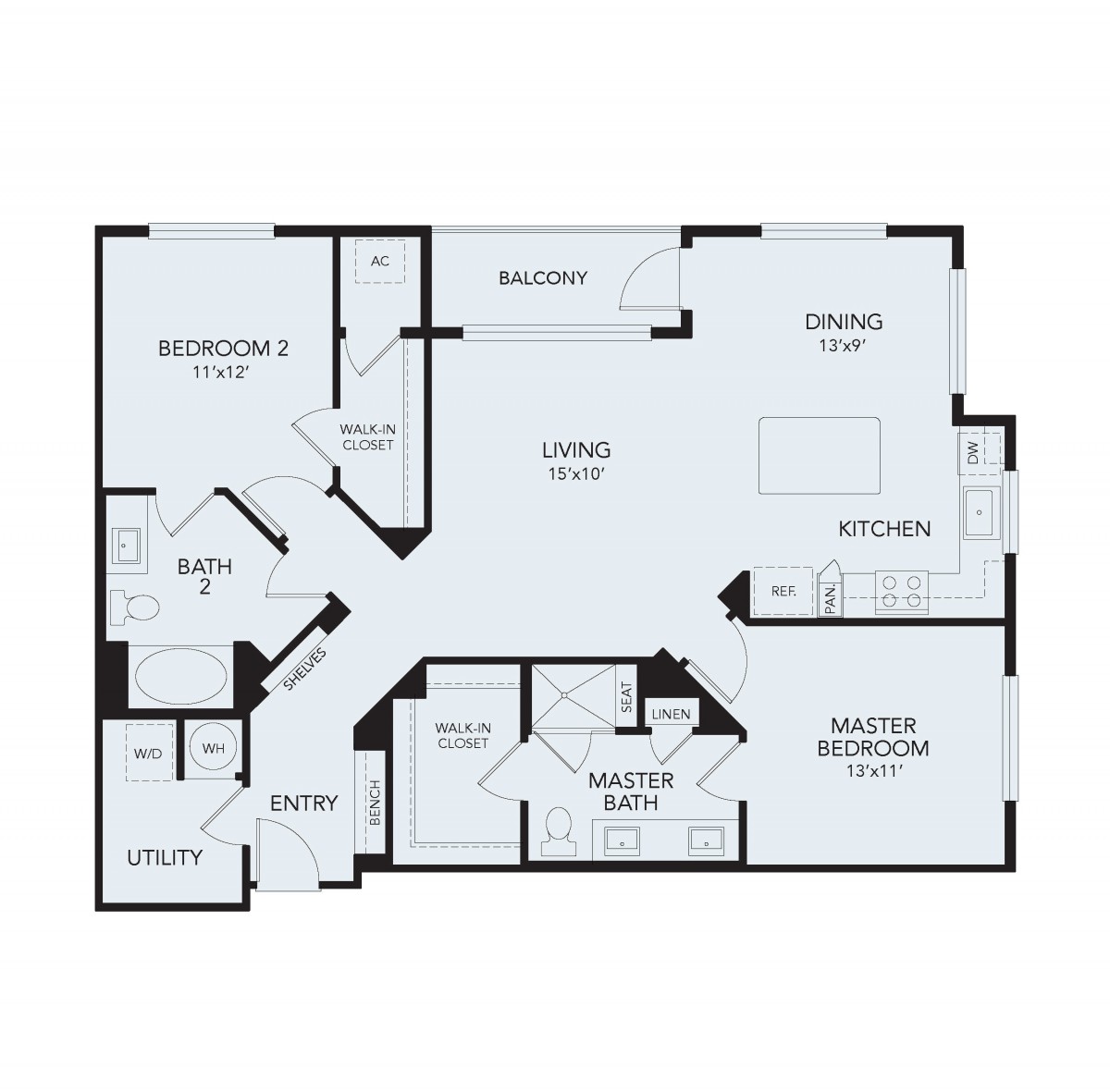 An apartment floor plan showing two bedrooms, a living room, kitchen, and bathrooms.