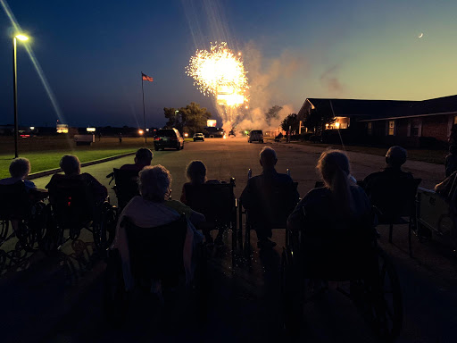 A group of people enjoying a fireworks display on a warm summer evening.