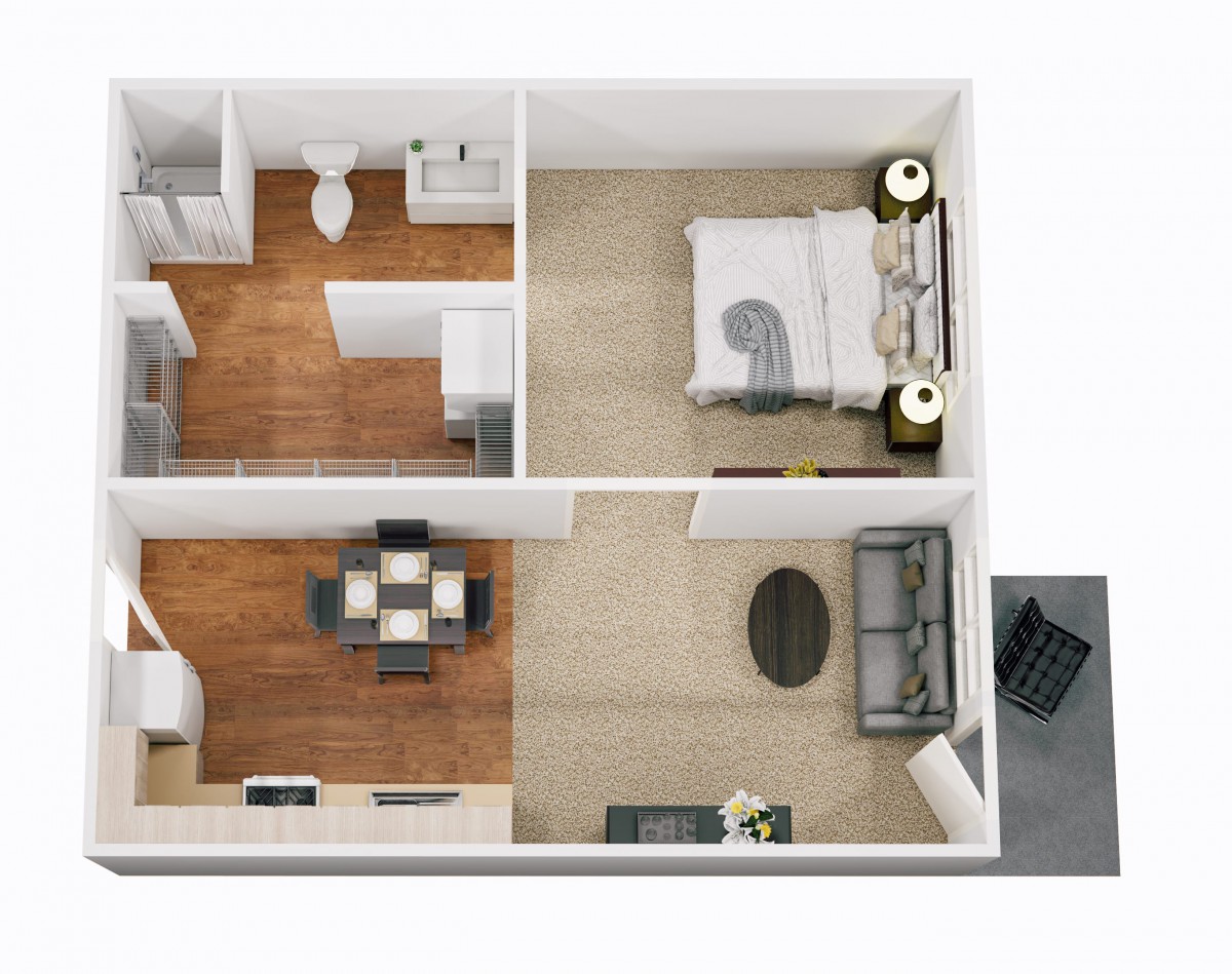 A 3D floor plan of a 1-bedroom apartment featuring a living room, kitchen, and bathroom.