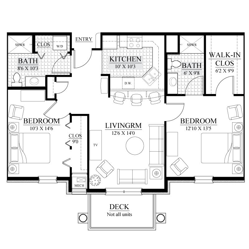 This is a floor plan of a two-bedroom apartment featuring a living room, kitchen, two bathrooms, and a walk-in closet.