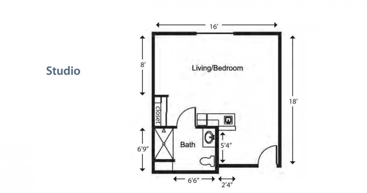 A floor plan of a studio apartment with labeled dimensions and designated areas for living/bedroom and bathroom.