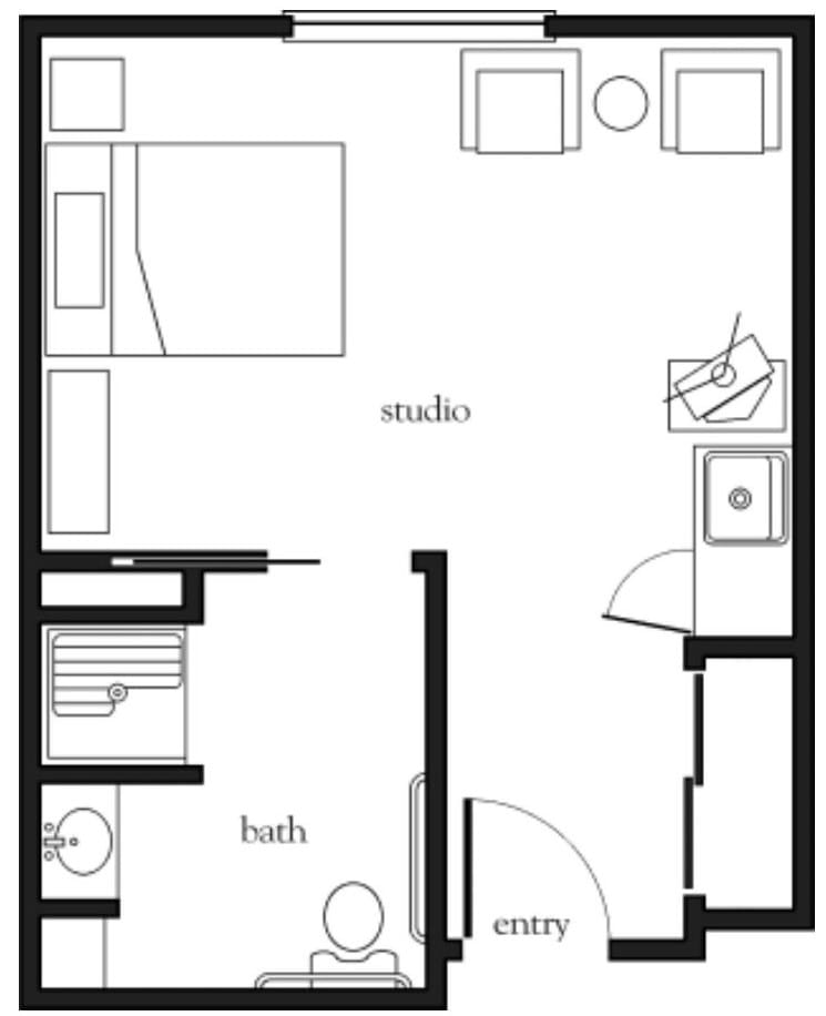 A floor plan of a studio apartment featuring a bedroom area, kitchen, and bathroom.