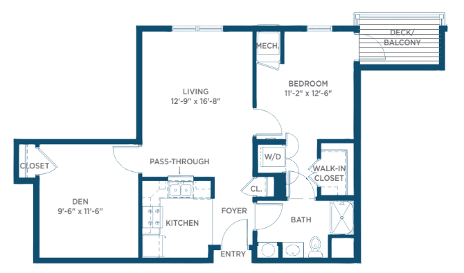 A floor plan of a residential apartment featuring living areas, kitchen, bedroom, and bathroom.