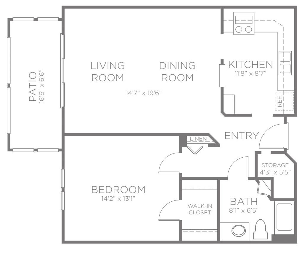 A floor plan layout showing an apartment with a living room, dining room, kitchen, bedroom, bathroom, and patio.