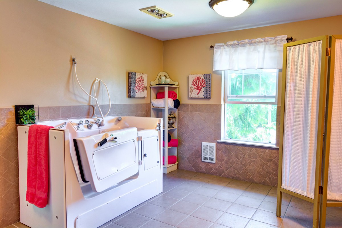 A spacious bathroom featuring a walk-in tub and large window, designed for accessibility and comfort.