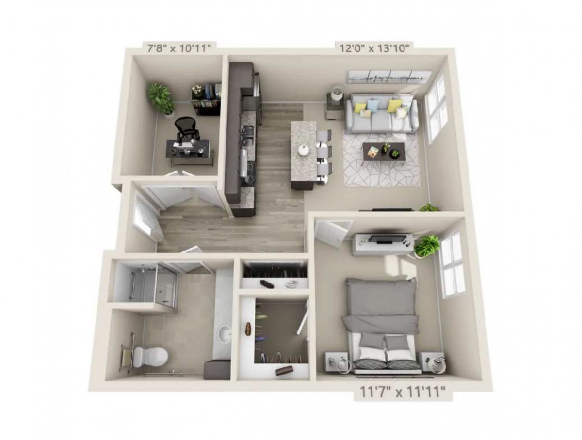 A 3D rendering of a one-bedroom apartment floor plan, featuring an open living area, kitchen, bedroom, and bathroom.
