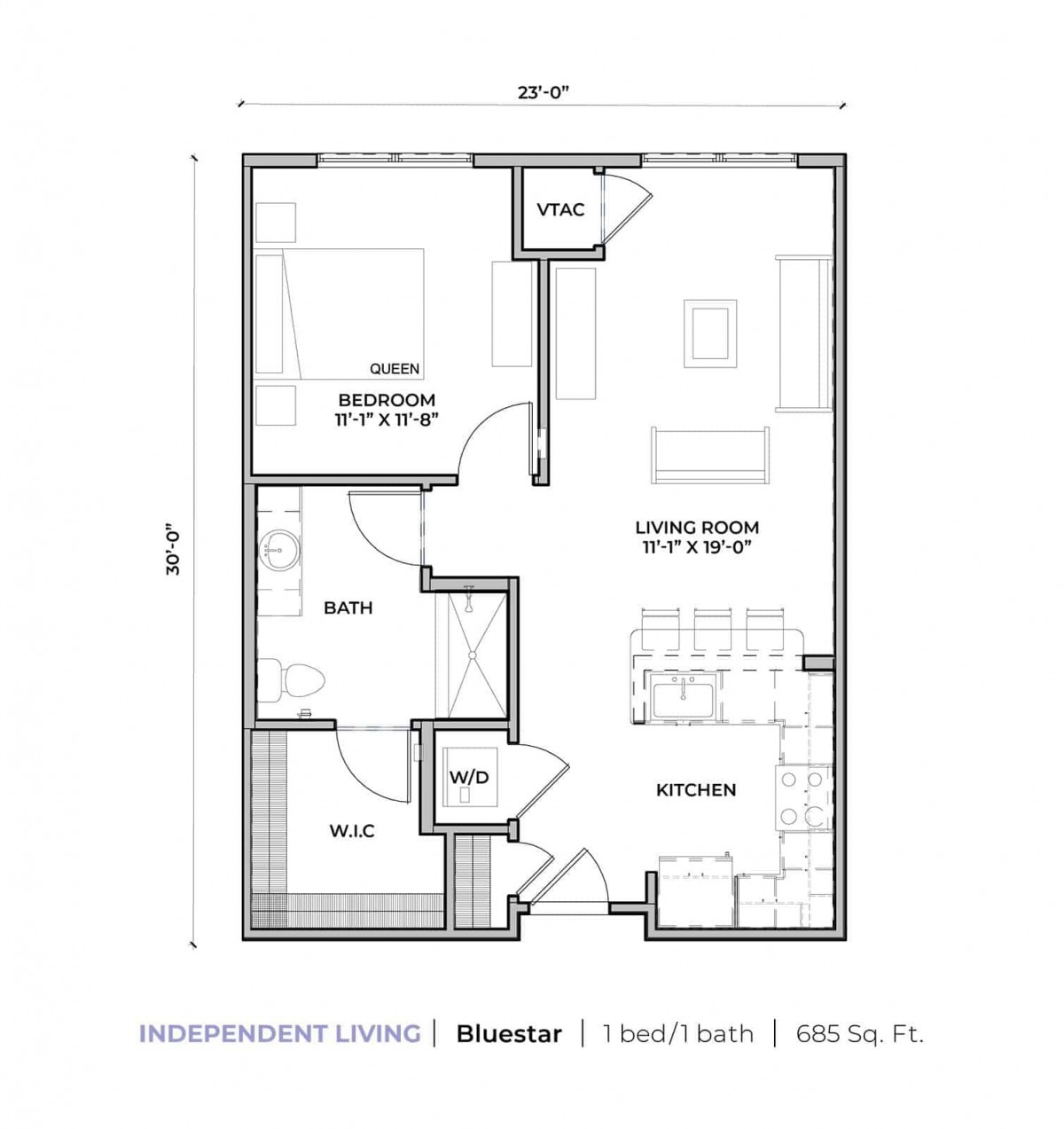 A detailed floor plan of a compact living space featuring one bedroom and one bathroom.