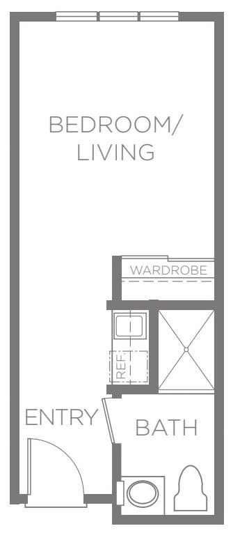 A simple floor plan showing a living area with wardrobe and refrigerator.