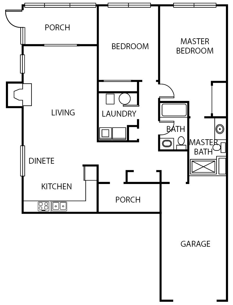 A floor plan of a house featuring a living room, kitchen, dining area, two bedrooms including a master bedroom, two bathrooms, a laundry room, and an attached garage.