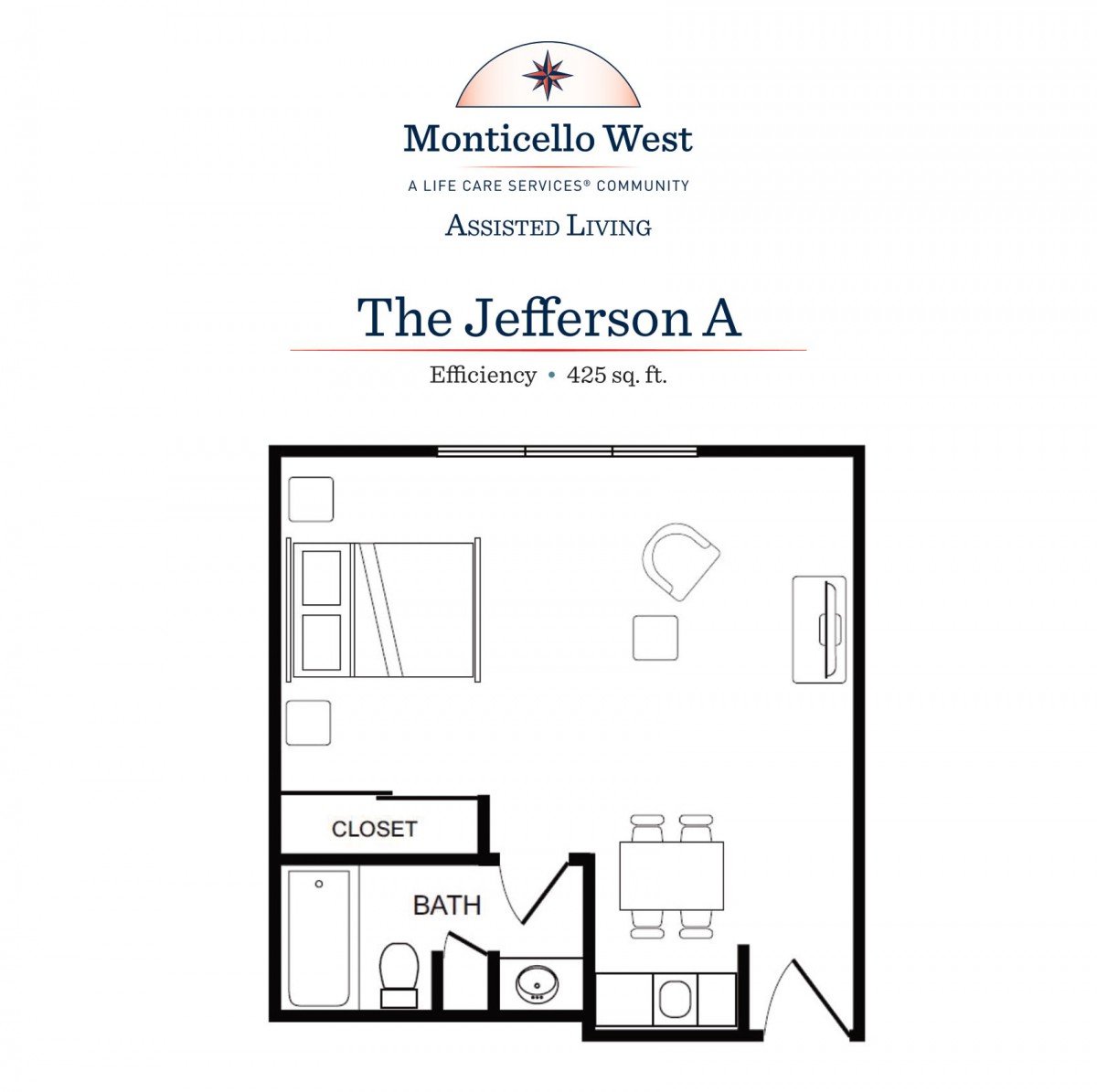 The Jefferson A: Studio apartment floor plan with a combined living/sleeping area, kitchen, and bathroom.