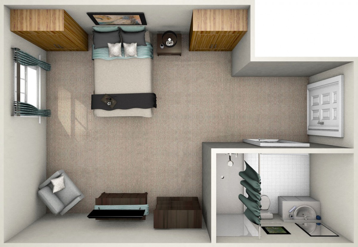 A top view floor plan of a bedroom featuring a double bed, nightstands, wardrobe, and a small sitting area.