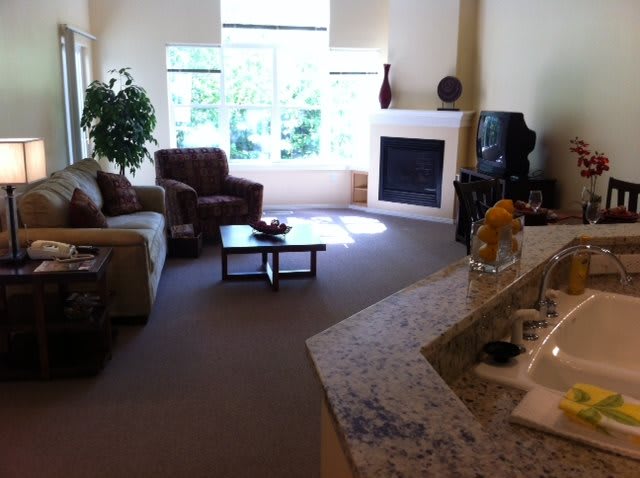 A cozy living room with a sofa, armchair, and fireplace, featuring large windows and decorative elements.