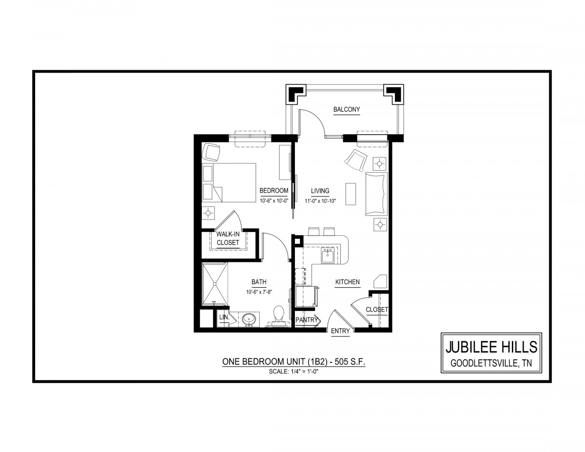 One-bedroom apartment floor plan with labeled areas.