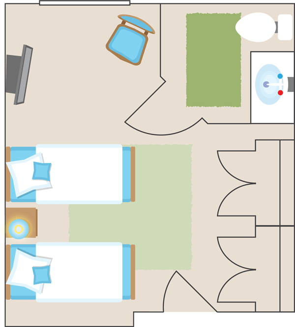 A floor plan of a bedroom with two twin beds, a chair, and an adjacent bathroom.