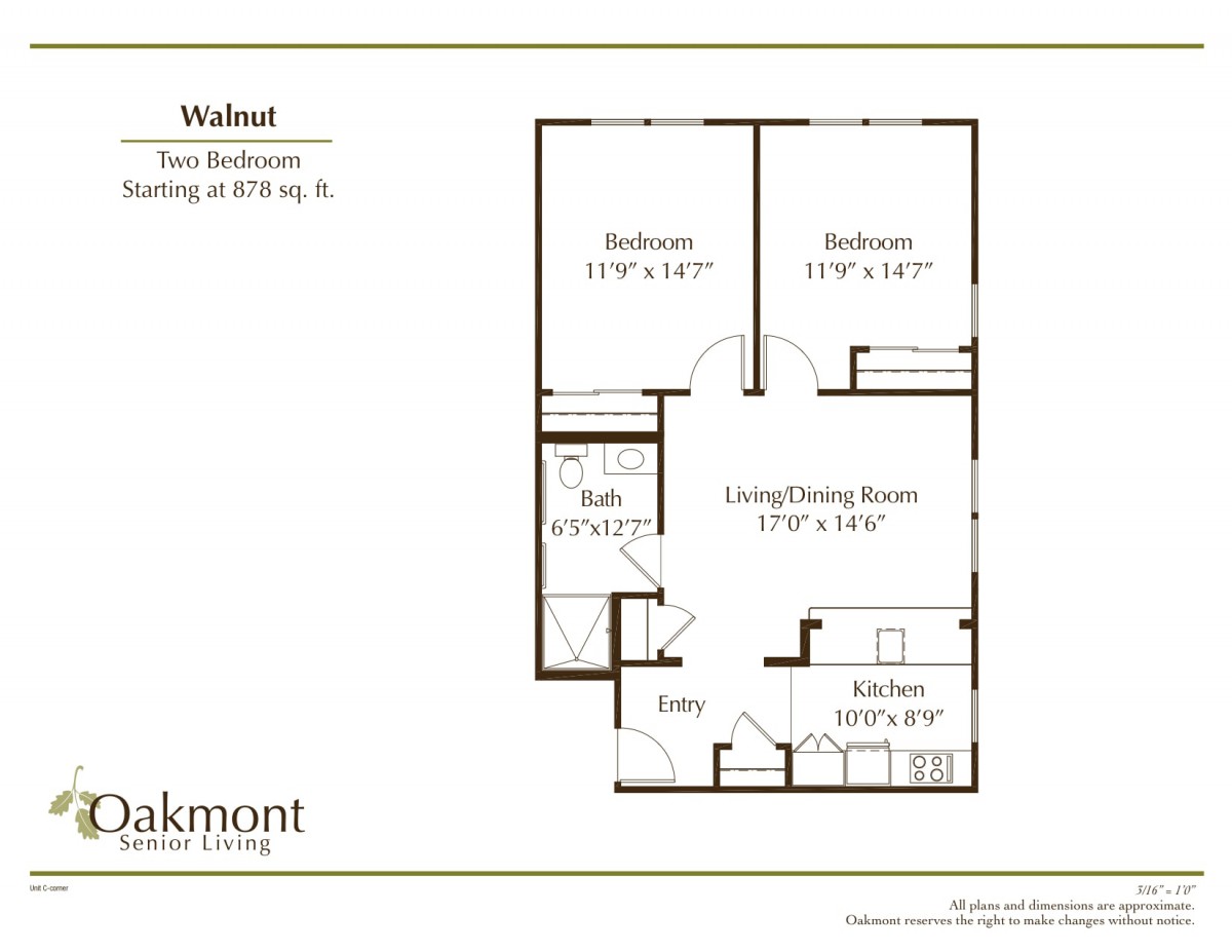 A detailed floor plan of a two-bedroom apartment.
