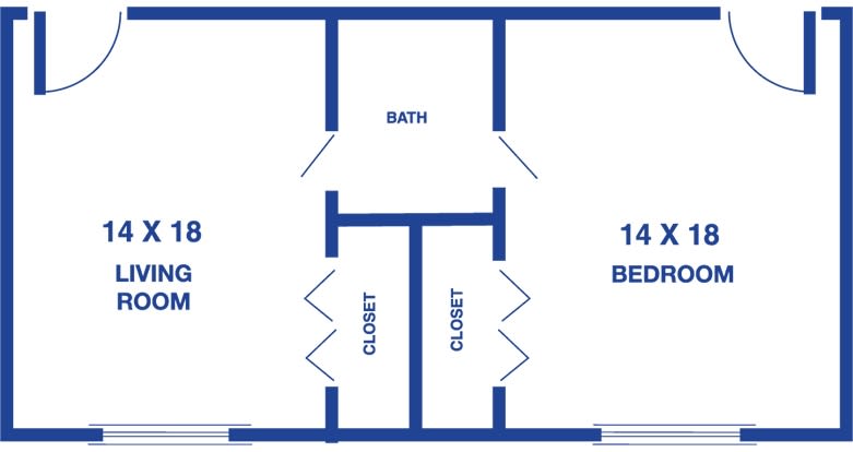 A simple floor plan featuring a bedroom, bathroom, and closets.