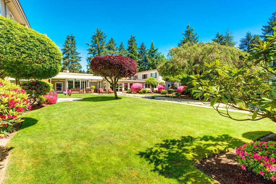 A beautiful house surrounded by a well-maintained garden and lush greenery on a sunny day.
