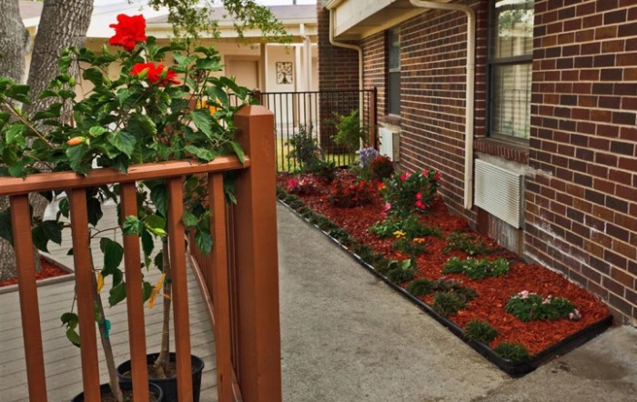 A neatly landscaped garden beside a brick building with vibrant flowers and plants along a walkway.