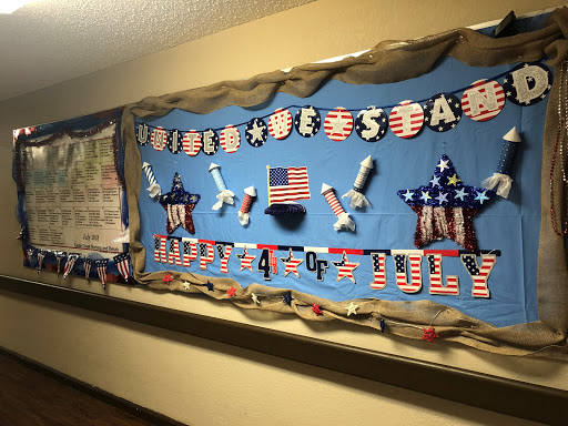 A festive bulletin board decorated for the 4th of July celebration.