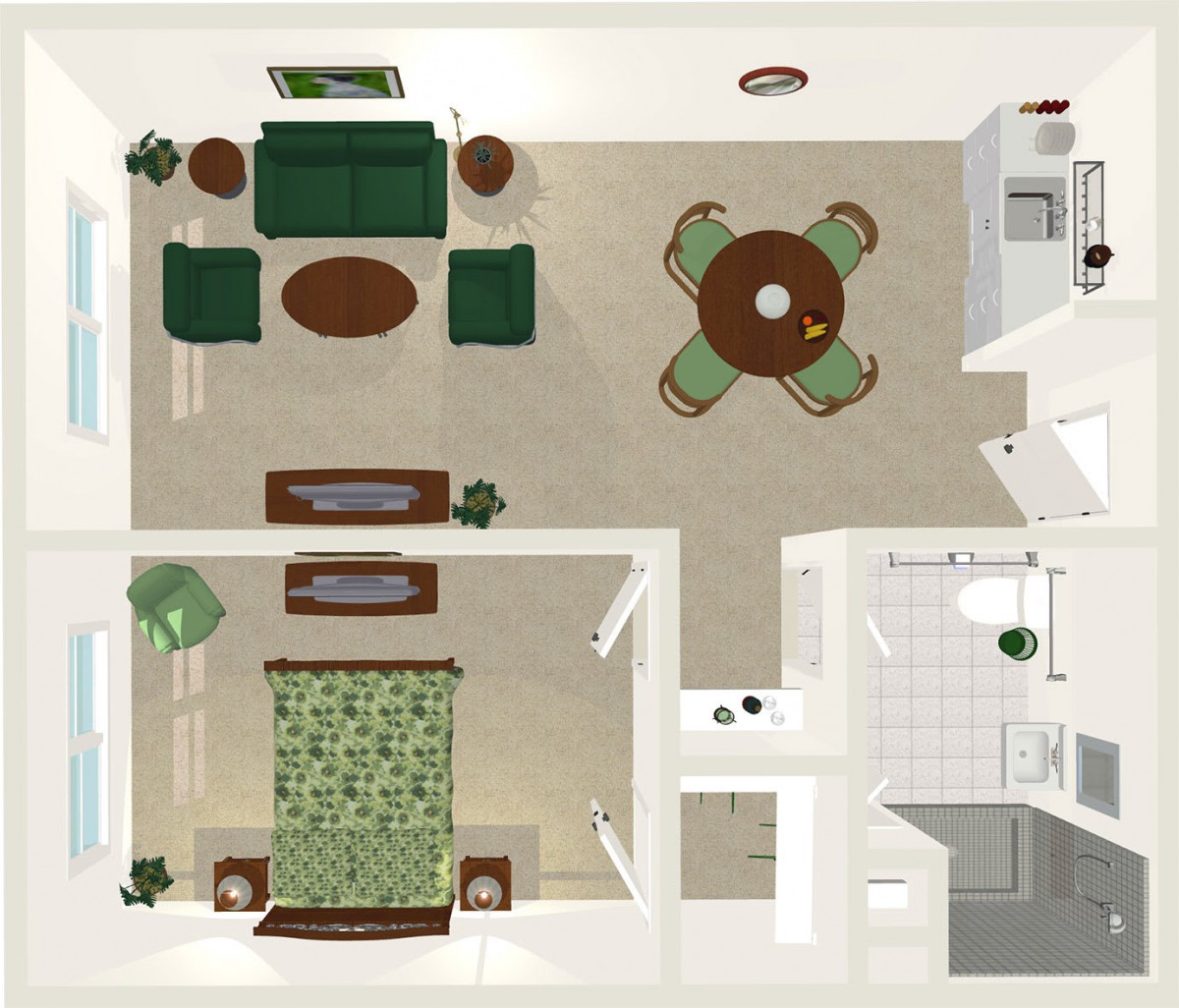 A top-down view of a one-bedroom apartment floor plan with living room, kitchen, and dining area.