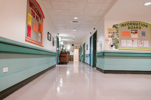 A well-lit school hallway featuring green walls and classrooms on either side.