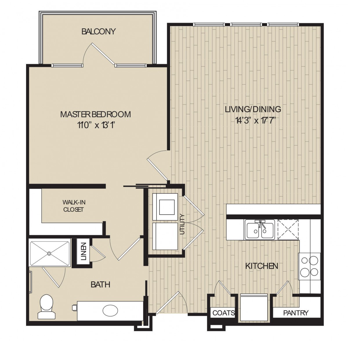 A floor plan of a one-bedroom apartment featuring a living room, kitchen, bathroom, and balcony.