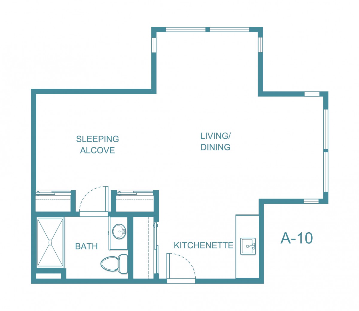 A studio apartment floor plan with a sleeping alcove, living/dining area, kitchenette, and bathroom.
