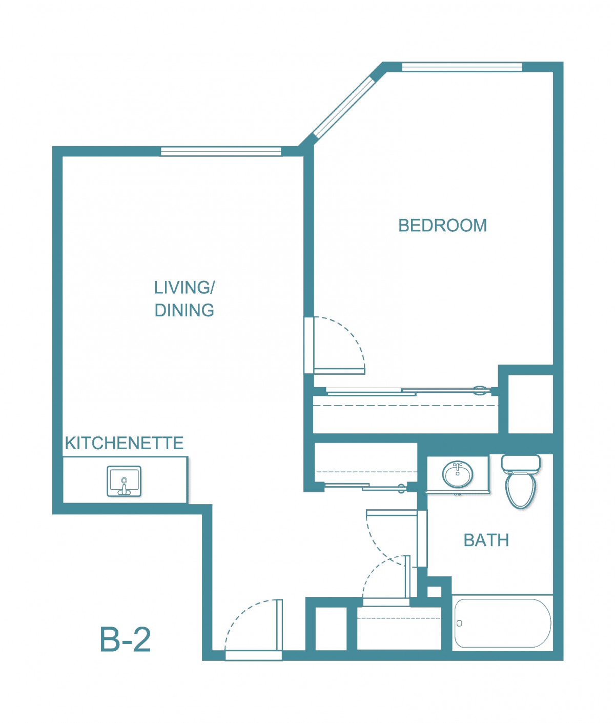 A one-bedroom apartment floor plan featuring a kitchenette, living area, bedroom, and bathroom.