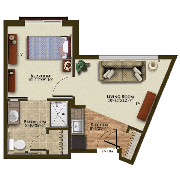 A floor plan of a one-bedroom apartment featuring a living room, kitchen, and bathroom.