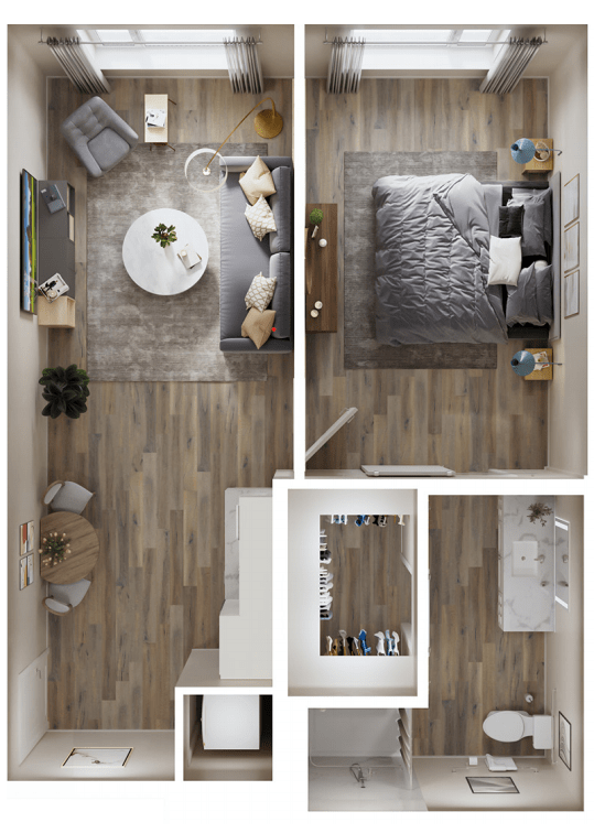 A modern apartment floor plan featuring a living room, bedroom, and kitchen.