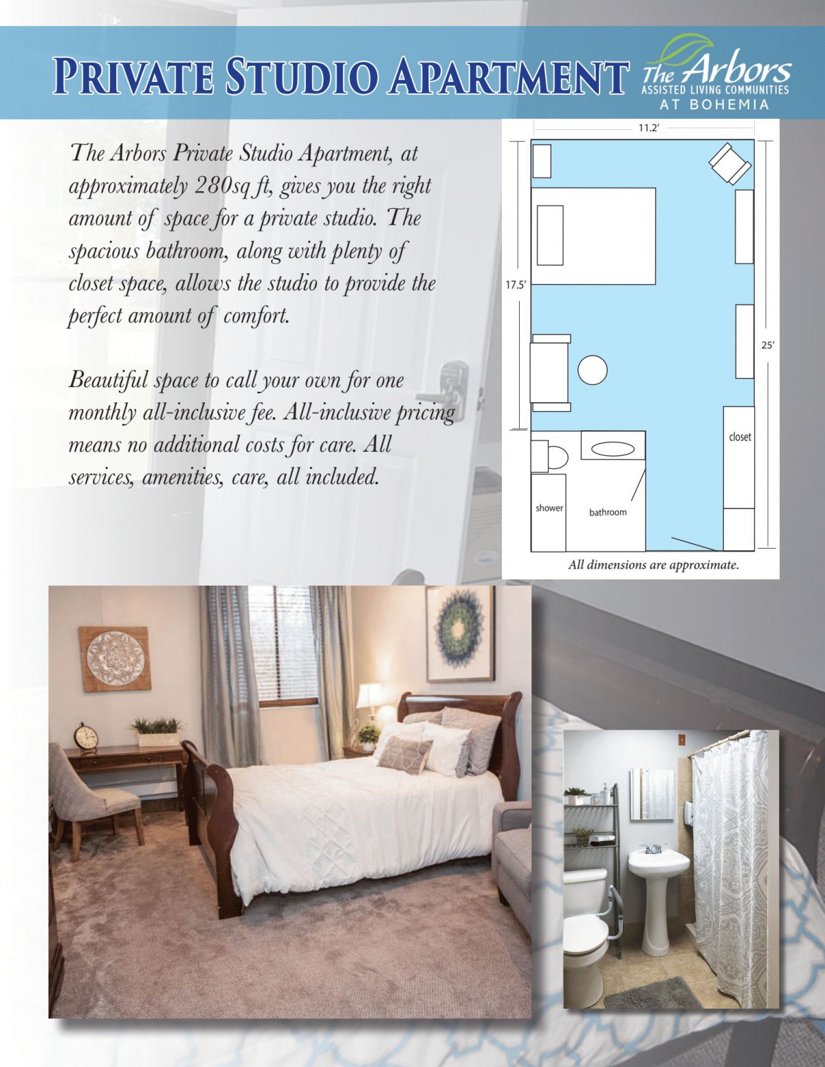 An elegant private studio apartment featuring a cozy bedroom and bathroom, optimized for efficient small space living with a detailed floor plan.