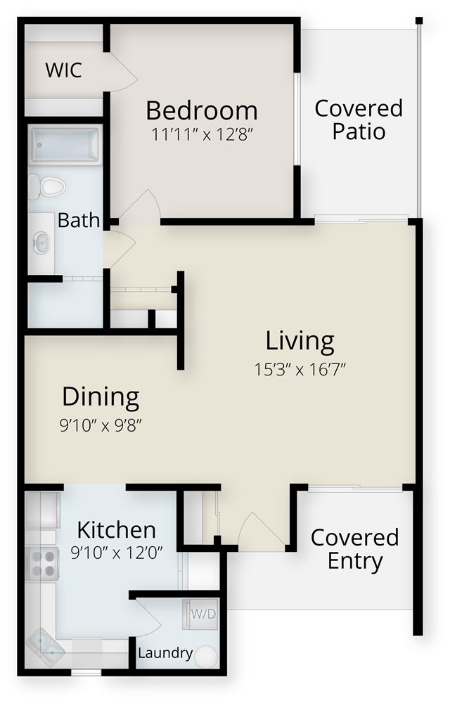 A detailed floor plan showing the layout of a home with designated areas for living, dining, kitchen, bath, and patio.