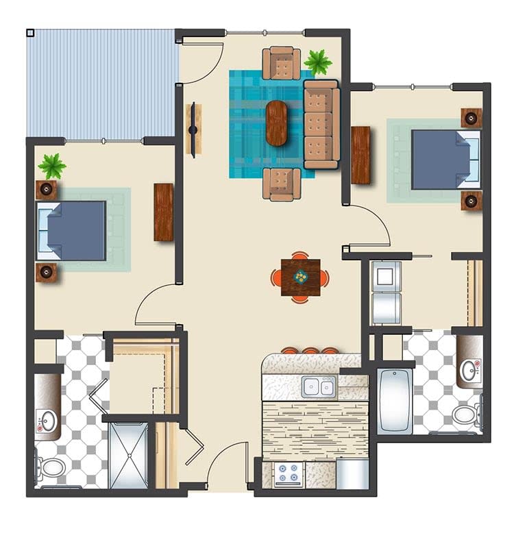 A floor plan of a two-bedroom apartment featuring a living room, kitchen, and bathroom.