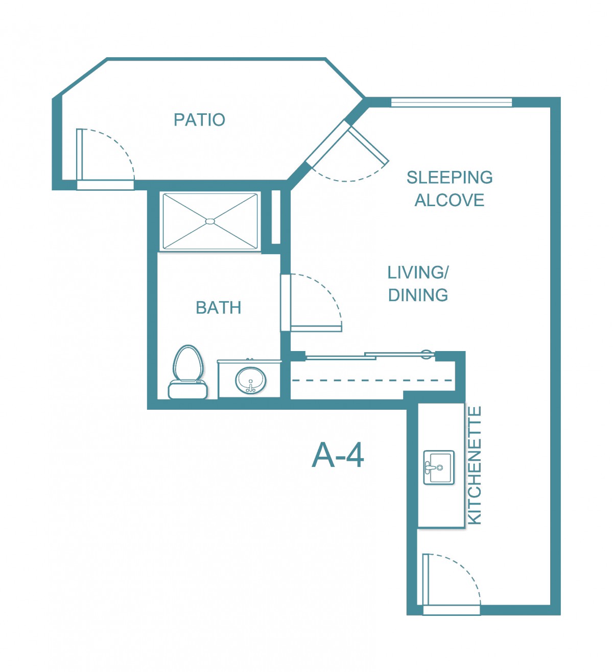 Studio apartment floor plan with a sleeping alcove, living/dining area, kitchen, bathroom, and patio.