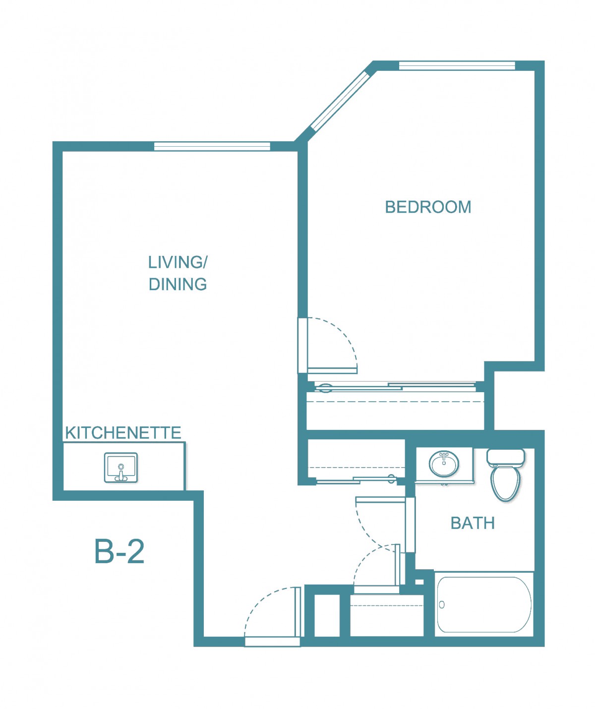 Blueprint of a one-bedroom apartment with designated living/dining area, kitchenette, and bathroom.