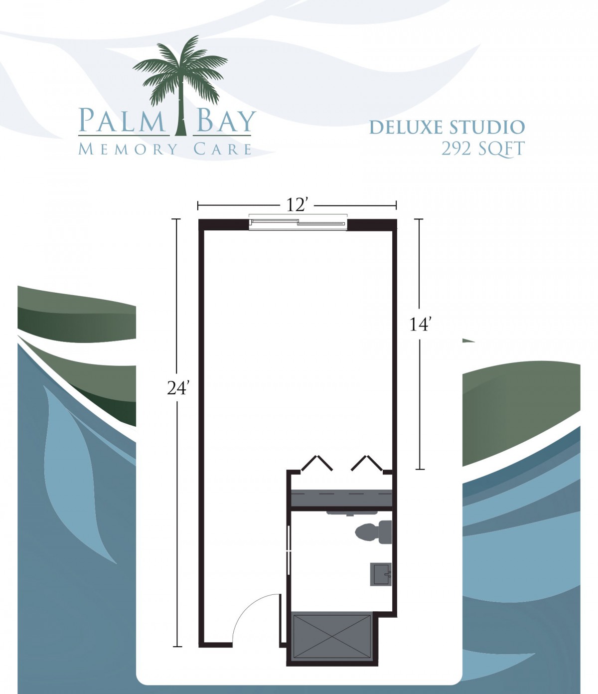 Floor plan of a deluxe studio measuring 384 square feet from Palm Bay Resort Club.