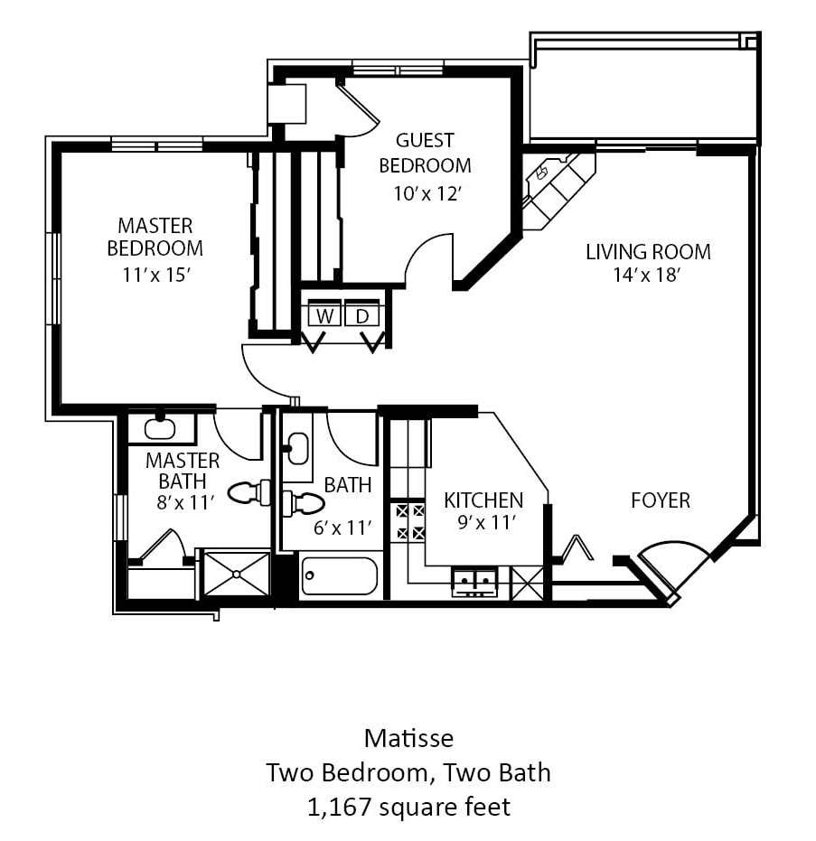 Floor plan of a two-bedroom, two-bathroom apartment measuring 1,167 square feet.