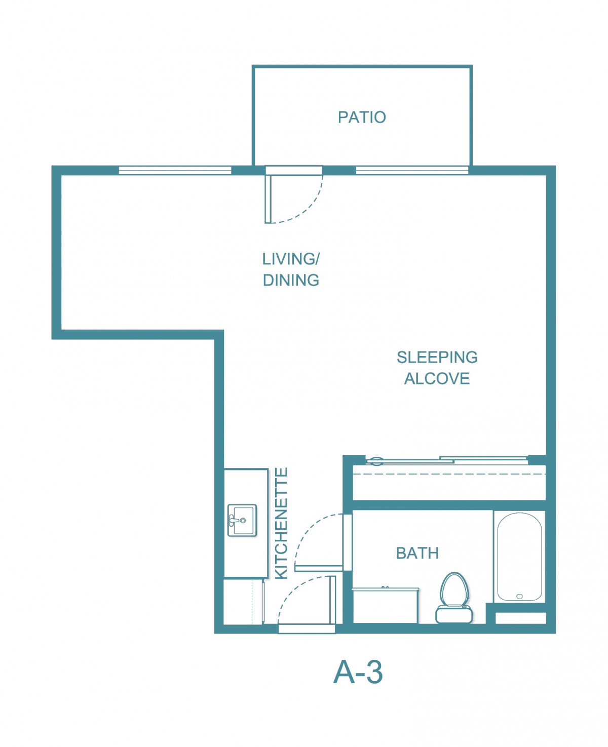 Studio apartment floor plan featuring a living/dining area, sleeping alcove, kitchen, bathroom, and patio.
