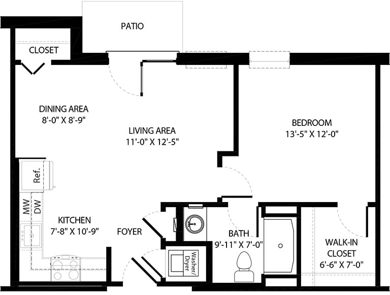 A floor plan showing the layout of a one-bedroom apartment with designated areas for the living, kitchen, and patio.