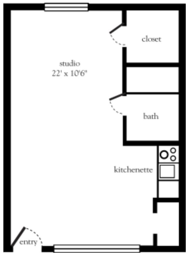 Floor plan of a studio apartment with a kitchenette, bathroom, and closet.
