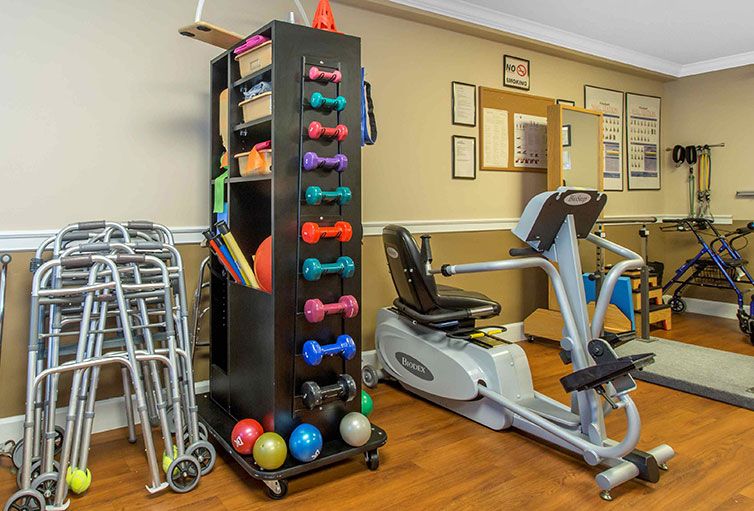 A small indoor gym with various exercise equipment including dumbbells, an exercise bike, and medicine balls.